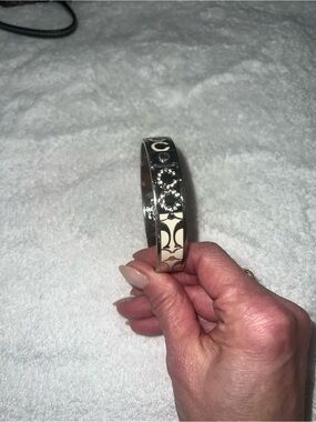Authentic Coach Designer-Inspired Silver and Cream Logo Bangle Bracelet